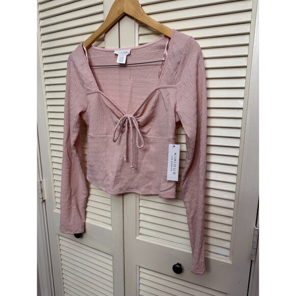 Kirious Los Angeles Pink Cropped Crinkle Long Sleeve Babydoll Peasant Top SIZE L - Picture 3 of 6